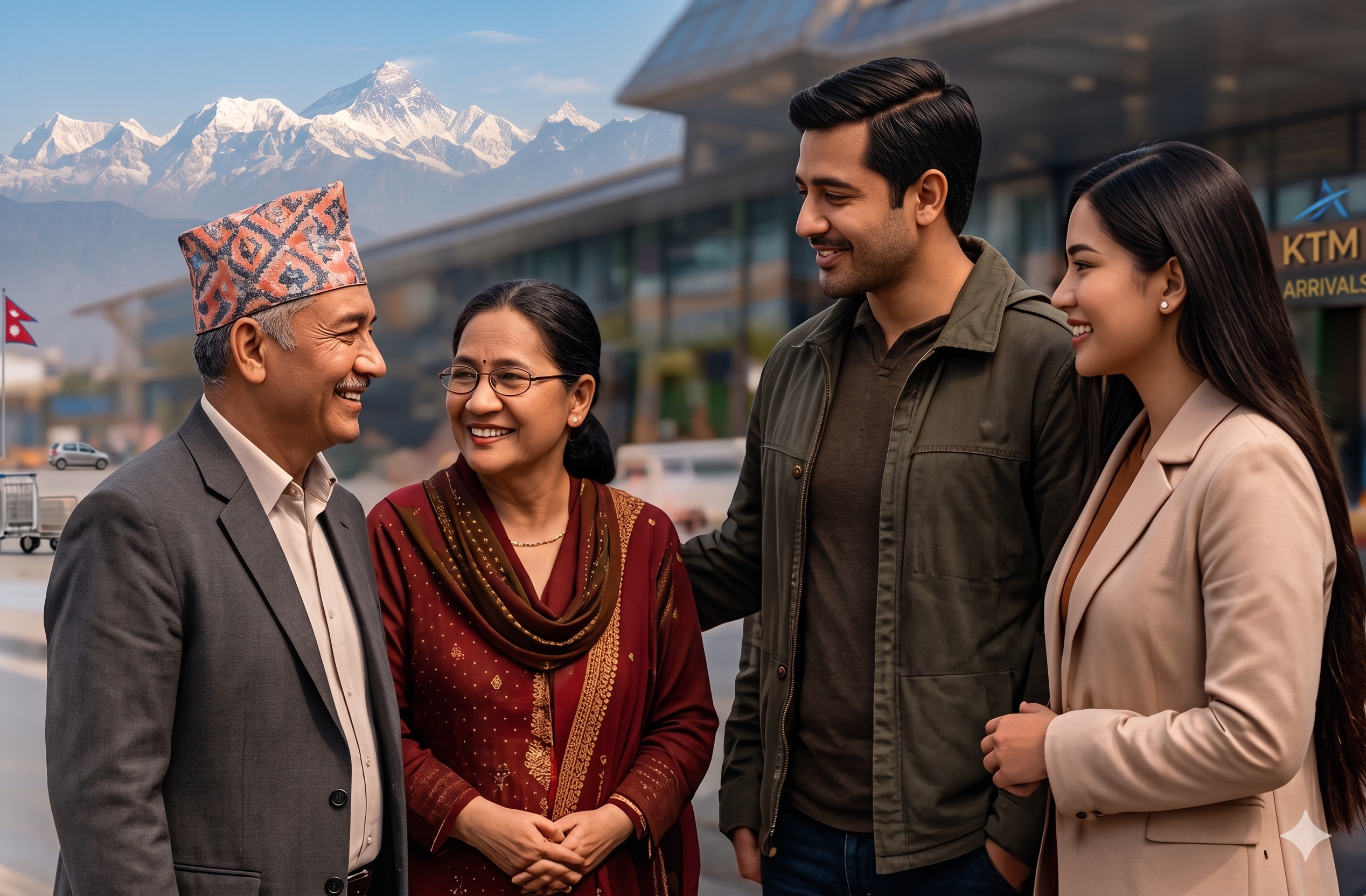 Driver welcoming a family at Kathmandu airport in Nepal