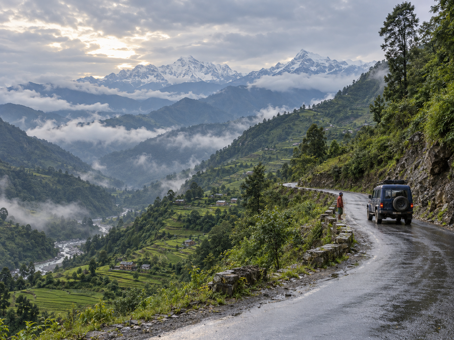 A 4x4 jeep travelling a mountain road through Nepal's terraced hills