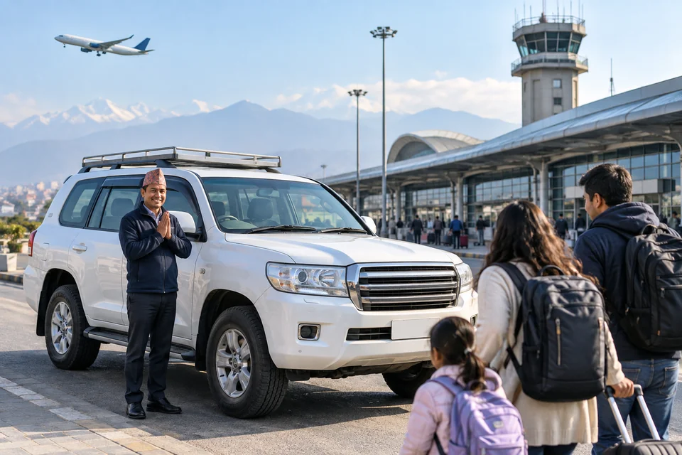 A driver welcomes a family at Kathmandu airport