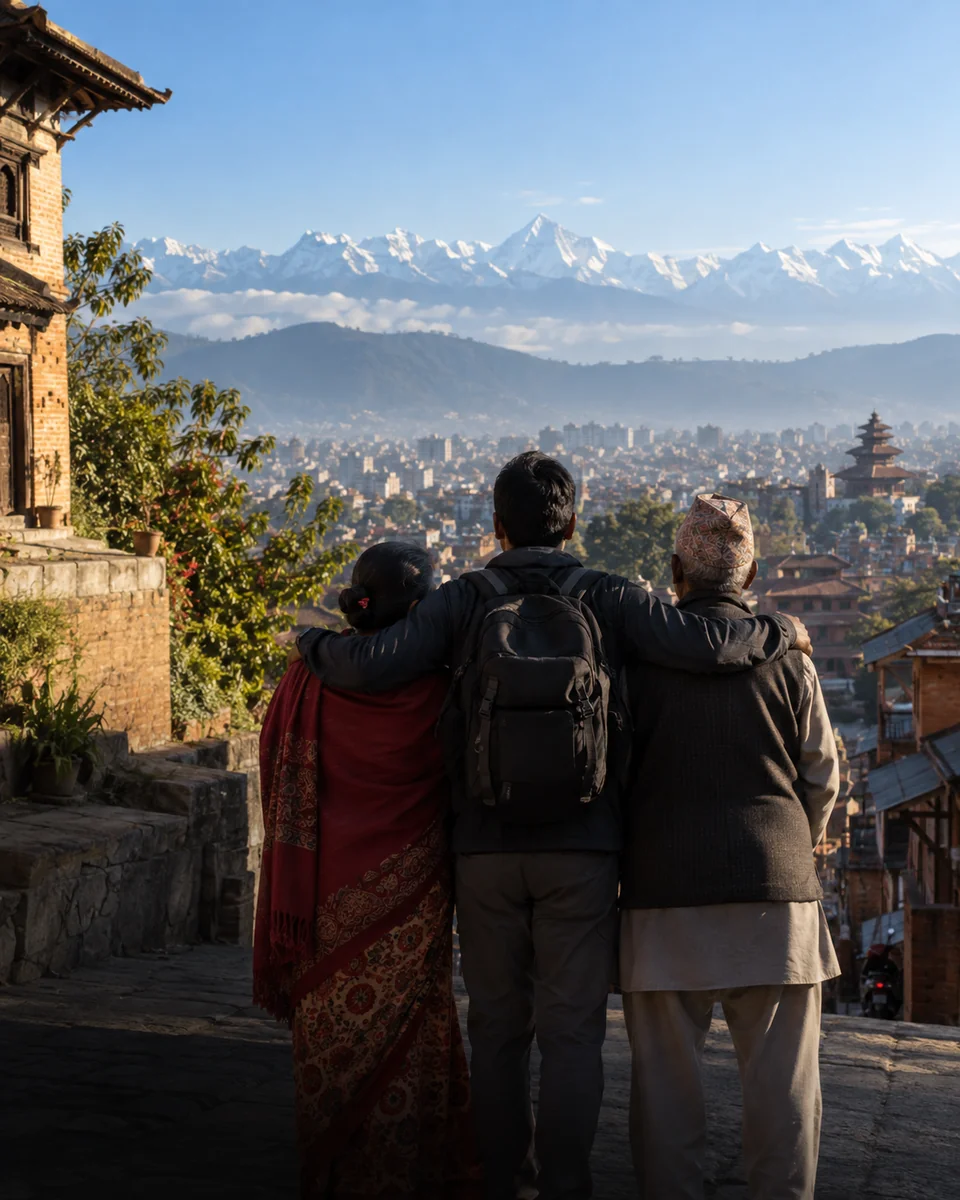 A traveler with their parents overlooking Kathmandu and the Himalayas