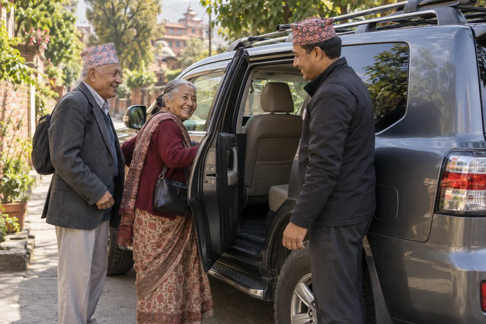 Parents boarding a comfortable vehicle in Nepal