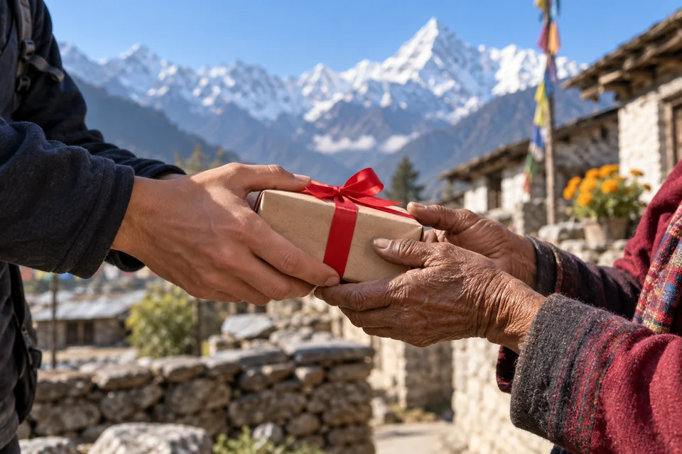 A wrapped gift passed to a parent in Nepal