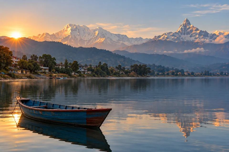 A boat on Phewa Lake with mountains beyond